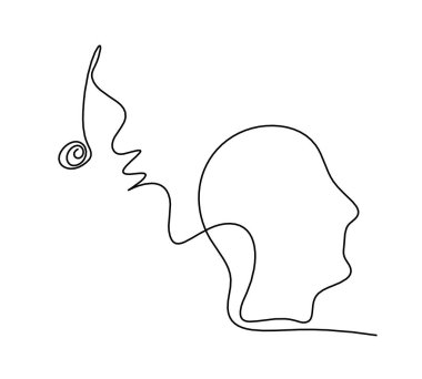 Beyaz arkaplanda satır çizimi olarak not işareti olan siluet profili