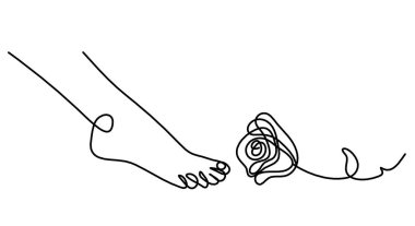 Soyut ayak ve çiçeğin silueti beyaz üzerine çizilen çizgi gibi