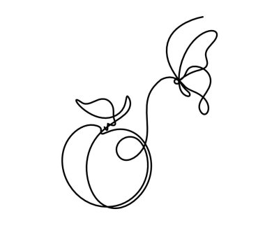 Beyaz zemin üzerinde kelebek olan kayısı çizimi (şeftali, nektarin, erik)