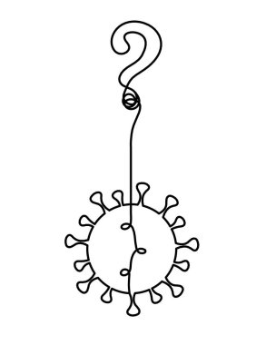 Beyaz arkaplanda çizgi çizimi olarak Corona virüsünün soyut işareti ve soru işareti