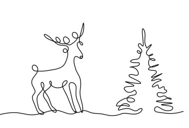 Soyut geyik silueti ve Noel ağacı beyaz çizgide çiziliyor.