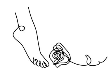 Soyut ayak ve çiçeğin silueti beyaz üzerine çizilen çizgi gibi