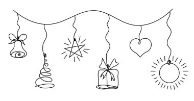 Yeni yıl oyuncakları beyaz arkaplanda sürekli çizim olarak soyut