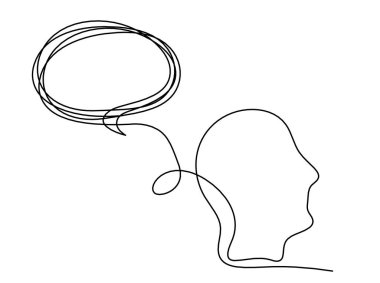 Beyaz arkaplanda satır çizimi olarak konuşma baloncuğu olan siluet profili