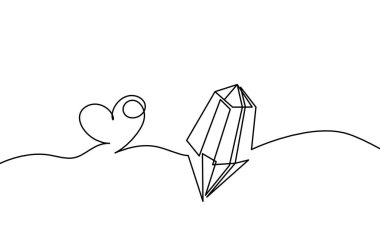 Kristal ve kalplere sahip soyut halka beyaz arkaplanda sürekli çizgiler olarak çiziliyor