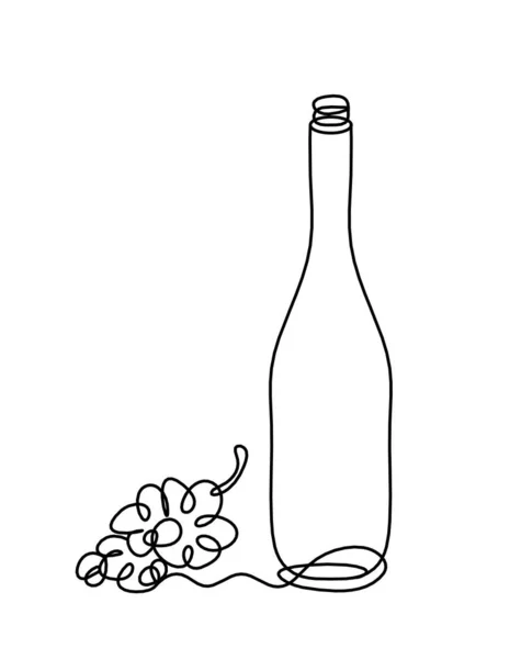 Tekening Fles Champagne Wijn Met Druif Witte Achtergrond — Stockvector