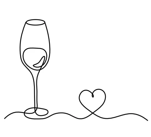 Linea Disegno Bicchiere Vino Con Cuore Sullo Sfondo Bianco — Vettoriale Stock