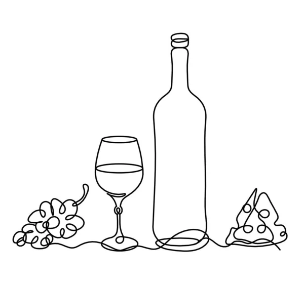 Linha Desenho Garrafa Champanhe Vinho Com Vinho Uva Queijo Fundo — Vetor de Stock