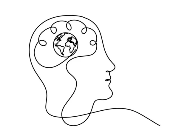 Homme Silhouette Cerveau Globe Comme Dessin Ligne Sur Fond Blanc — Image vectorielle