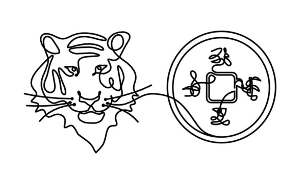 Sylwetka Abstrakcyjnego Tygrysa Chińską Monetą Abstrakcyjnymi Hieroglifami Jako Rysunek Liniowy — Wektor stockowy