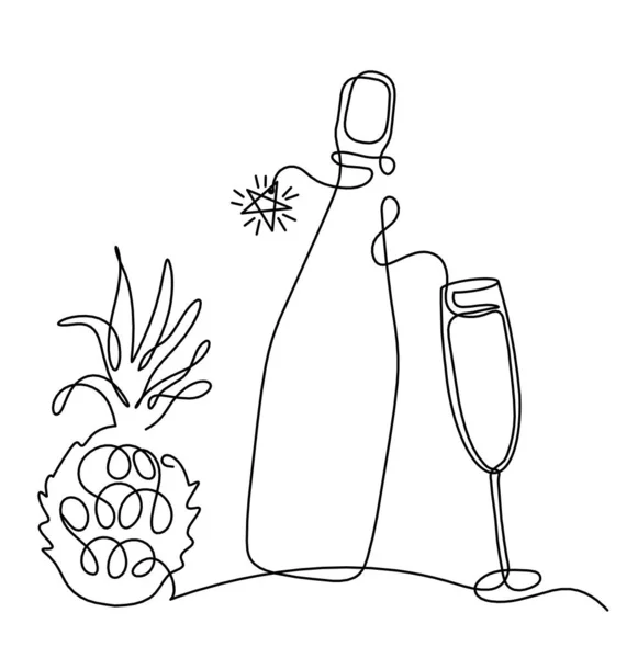 Чертежная Линия Бутылка Шампанского Вина Бокалом Вина Ананасы Белом Фоне — стоковый вектор
