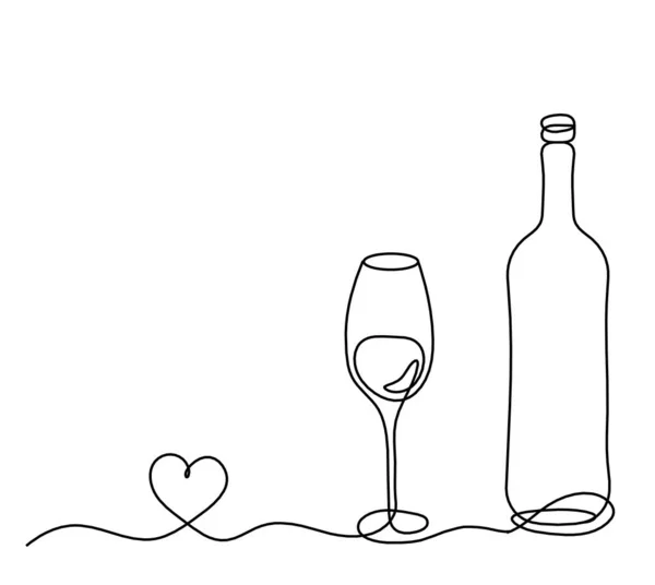 Linea Disegno Bottiglia Champagne Vino Con Bicchiere Vino Cuore Sullo — Vettoriale Stock
