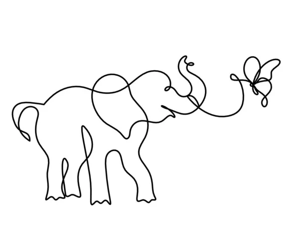 Silhouette Elefante Astratto Con Farfalla Come Linea Disegnata Bianco — Vettoriale Stock