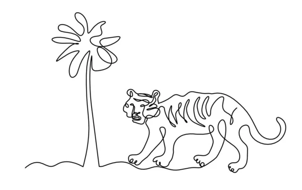 Sylwetka Abstrakcyjnego Tygrysa Drzewem Jako Rysunek Liniowy Białym — Wektor stockowy