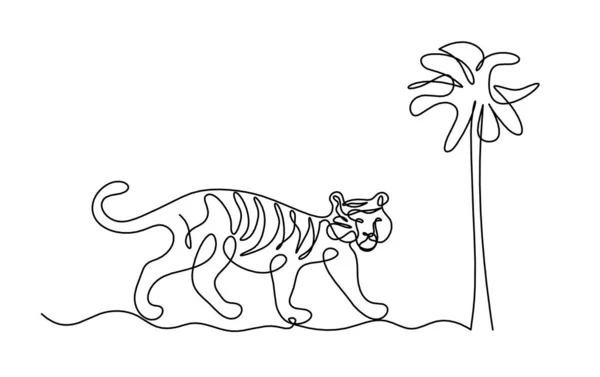 Sylwetka Abstrakcyjnego Tygrysa Drzewem Jako Rysunek Liniowy Białym — Wektor stockowy