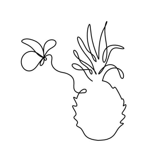 Zeichnungslinie Ananas Und Schmetterling Auf Weißem Hintergrund — Stockvektor