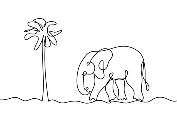 Sylwetka Abstrakcyjnego Słonia Drzewem Jako Rysunek Linii Białym — Wektor stockowy