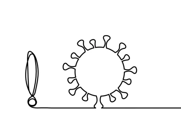 白い背景に線画としてのコロナウイルスと感嘆符のアブストラクトサイン — ストックベクタ