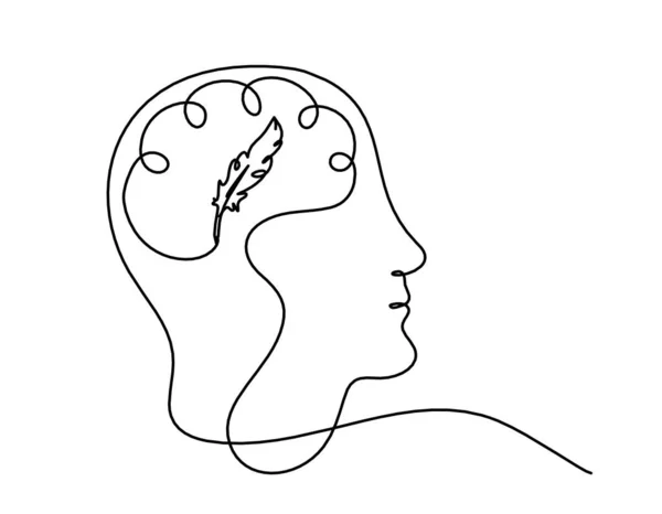 Homme Silhouette Cerveau Plume Comme Dessin Ligne Sur Fond Blanc — Image vectorielle