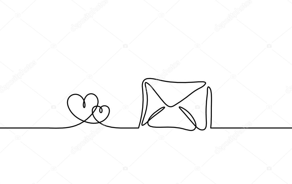 Abstract paper envelope with hearts as line drawing on white background