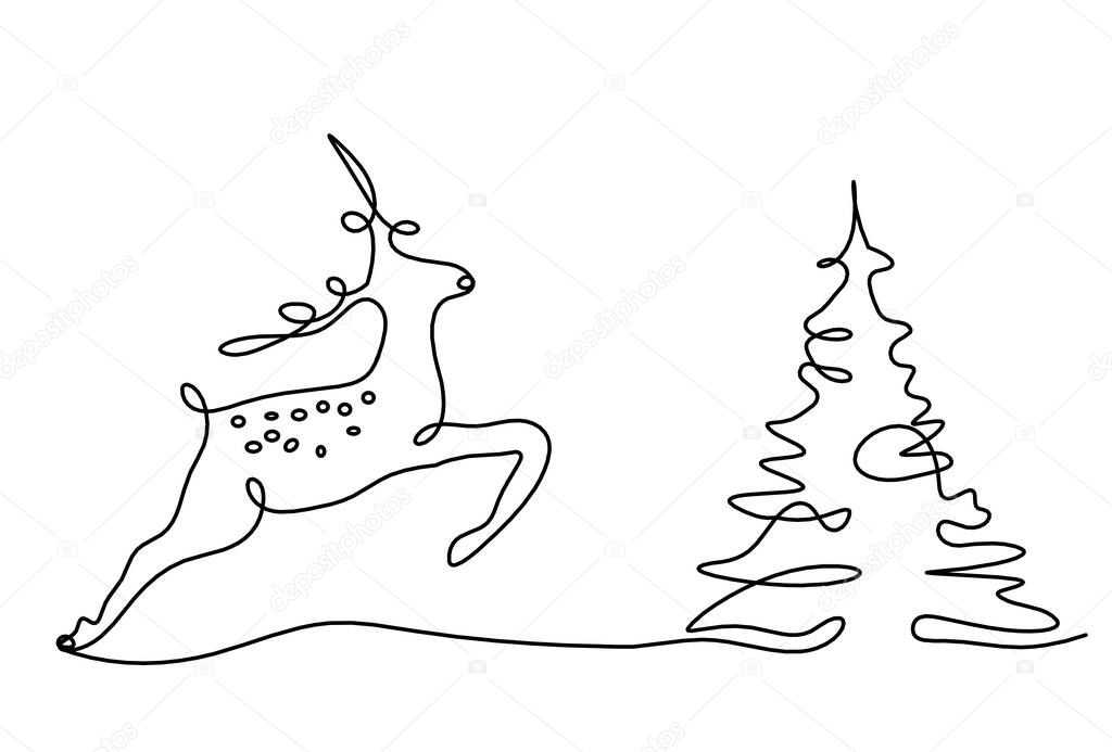 Silhouette of abstract deer and Christmas tree as line drawing on white