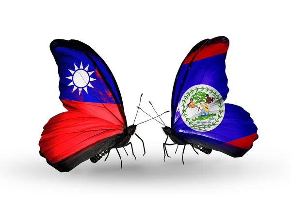 Butterflies with Taiwan and Belize flags — Stock Photo, Image