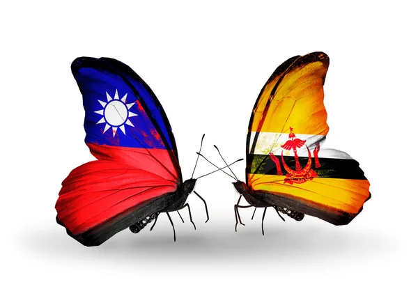 Butterflies with Taiwan and Brunei flags — Stock Photo, Image