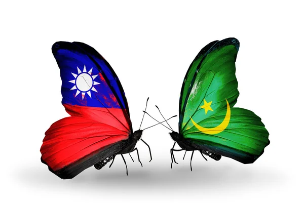 Papillons avec drapeaux Taïwan et Mauritanie sur les ailes — Photo