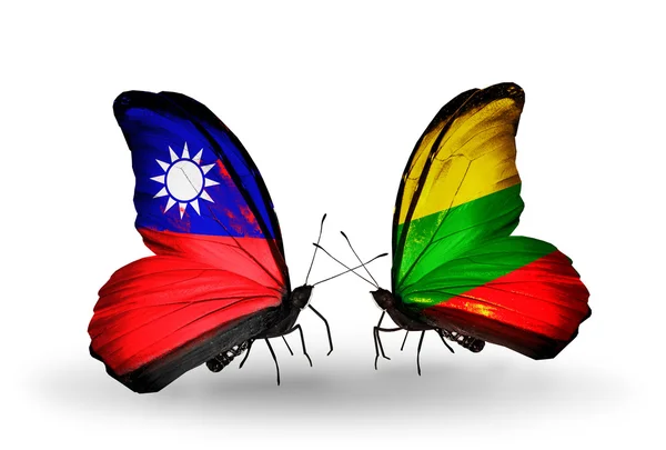 Butterflies with Taiwan and Lithuania flags on wings — Stock Photo, Image