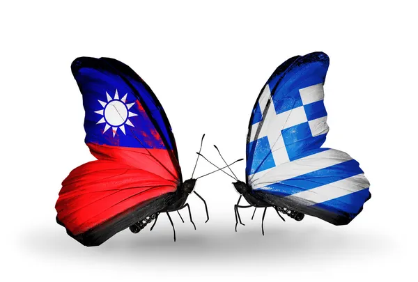 Vlinders met taiwan en Griekenland vlaggen op vleugels — Stockfoto