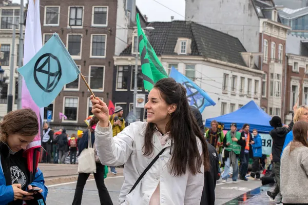 Protester Logo Flag Blauwebruts Climate Demonstration Extinction Rebellion Group Amsterdam — 스톡 사진