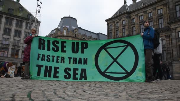 オランダ2020年6月1日2020年アムステルダムのダムでの反乱絶滅デモの旗 — ストック動画