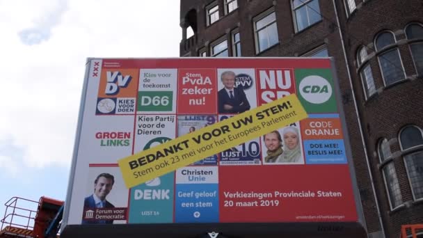 Volební Plakát Pro Evropské Volby Amsterdamu Nizozemsko 2019 — Stock video