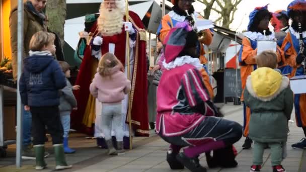 Sinterklaas和Zwarte Pieten在荷兰阿姆斯特丹的Buitenveldert与儿童交谈2019 — 图库视频影像