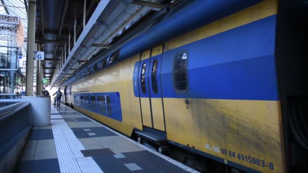 Tåg Vid Amstel Station Out Phocus För Ändamålet Amsterdam Nederländerna — Stockvideo