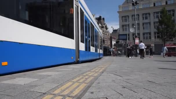 Straßenbahn Einfahrt Einer Straßenbahnhaltestelle Leidseplein Amsterdam Niederlande 2019 — Stockvideo