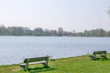 Amsterdam 'daki Gaasperplas Gölü' ndeki banklar. Hollanda 2019