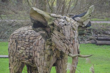 Hollanda 2018 'de Amsterdam' da tahta bir fil heykelinin yakınında.