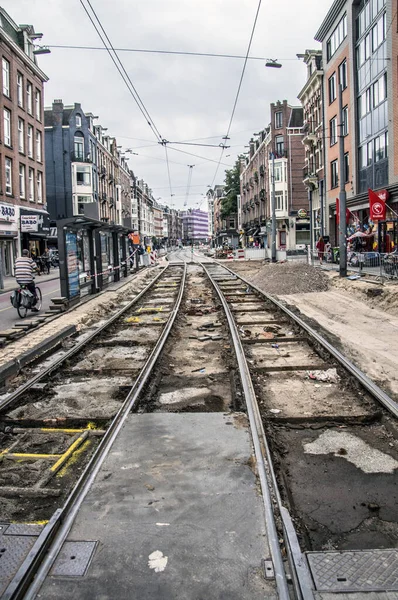 Oprava Tramvajových Linek Ulici Van Woustraat Amsterdamu Nizozemsko 2018 — Stock fotografie