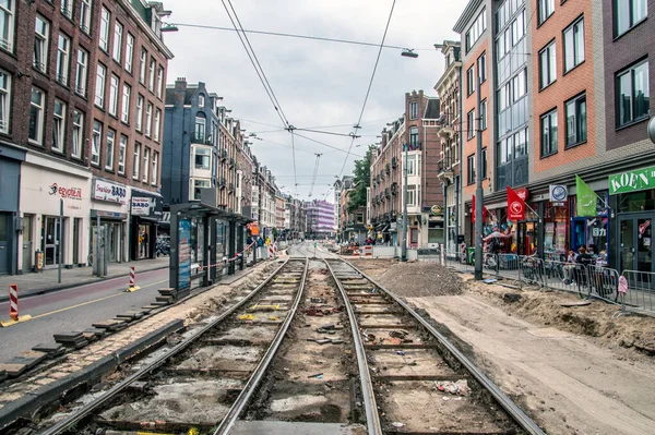 Oprava Tramvajových Linek Ulici Van Woustraat Amsterdamu Nizozemsko 2018 — Stock fotografie