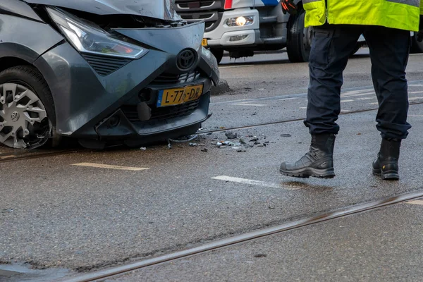 Policía Accidente Coche Dañado Ámsterdam Países Bajos 2021 — Foto de Stock