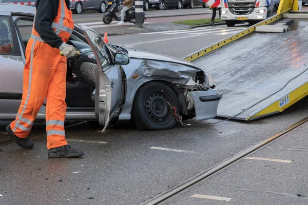 Abschleppen Eines Autos Bei Einem Unfall Amsterdam Niederlande 2021 — Stockfoto