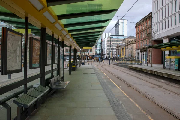 Tramvajová Zastávka Náměstí Svatého Petra Manchesteru Anglie Nizozemsko 2019 — Stock fotografie