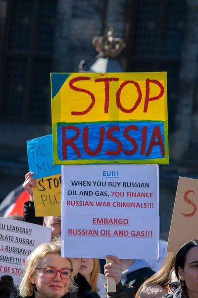 Waarschuwingsbord Bij Het Protest Tegen Oorlog Oekraïne Amsterdam 2022 — Stockfoto