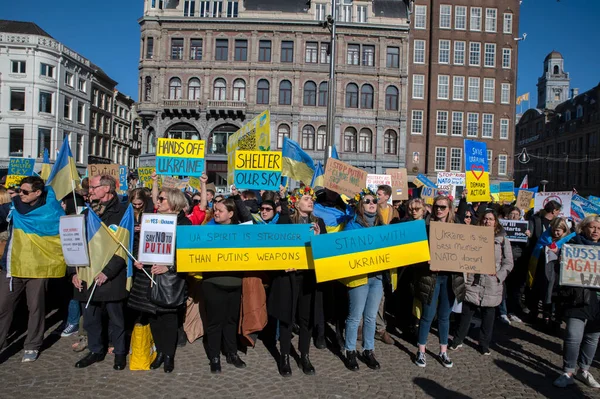 Cartelloni Blu Gialli Alla Protesta Contro Guerra Ucraina Amsterdam Paesi — Foto Stock