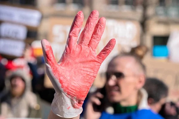 Krwawe Ręce Proteście Przeciwko Wojnie Ukrainie Amsterdamie Holandia 2022 — Zdjęcie stockowe