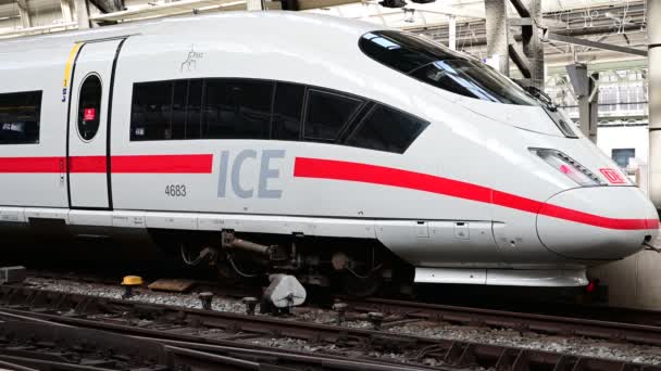 Close Ice High Speed Train Central Train Station Amsterdam Netherlands — Stockvideo