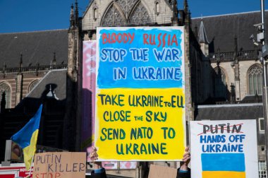 Billboard Asking For Help At The Protest Against The War In Ukraine At Amsterdam The Netherlands 27-2-2022