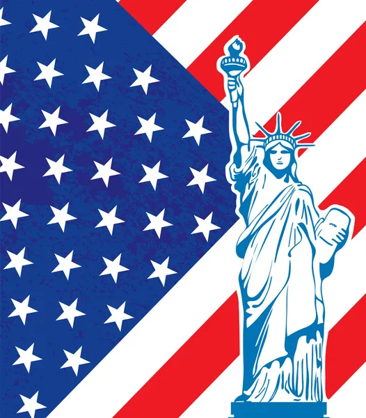 Frihetstaty och amerikansk flagga — Stock vektor