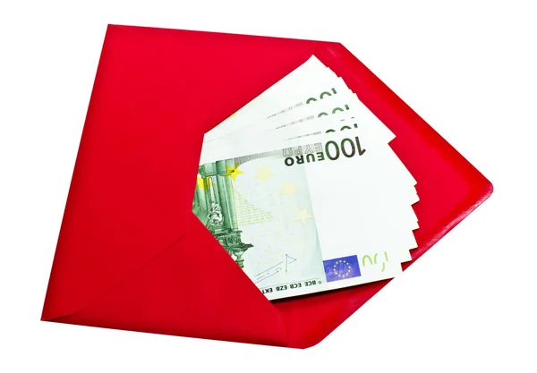 Money in a bright red envelope, isolated on white background — Stock Photo, Image